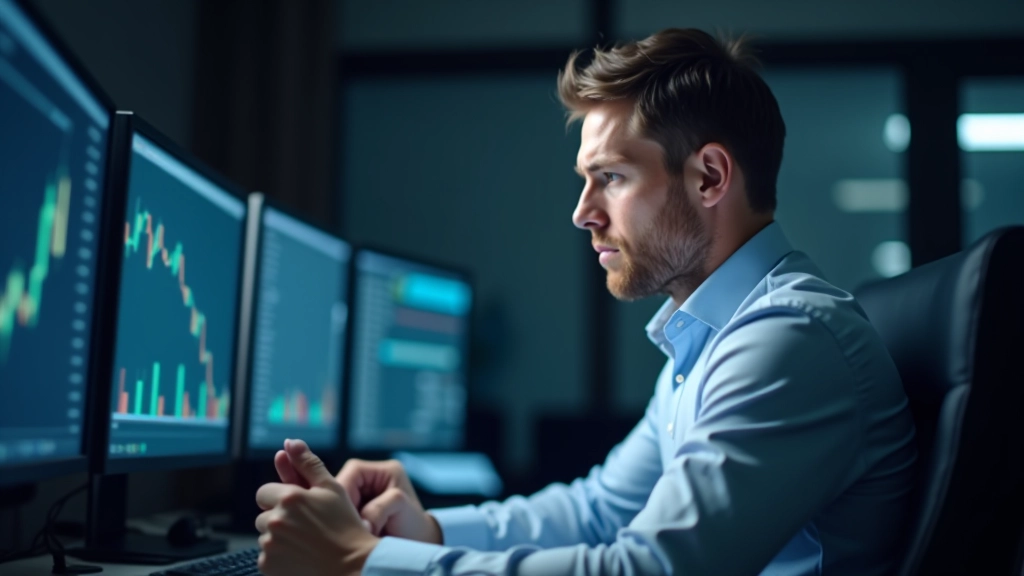 Businessman sitting at desk looking stressed while monitoring multiple stock market charts on computer screens