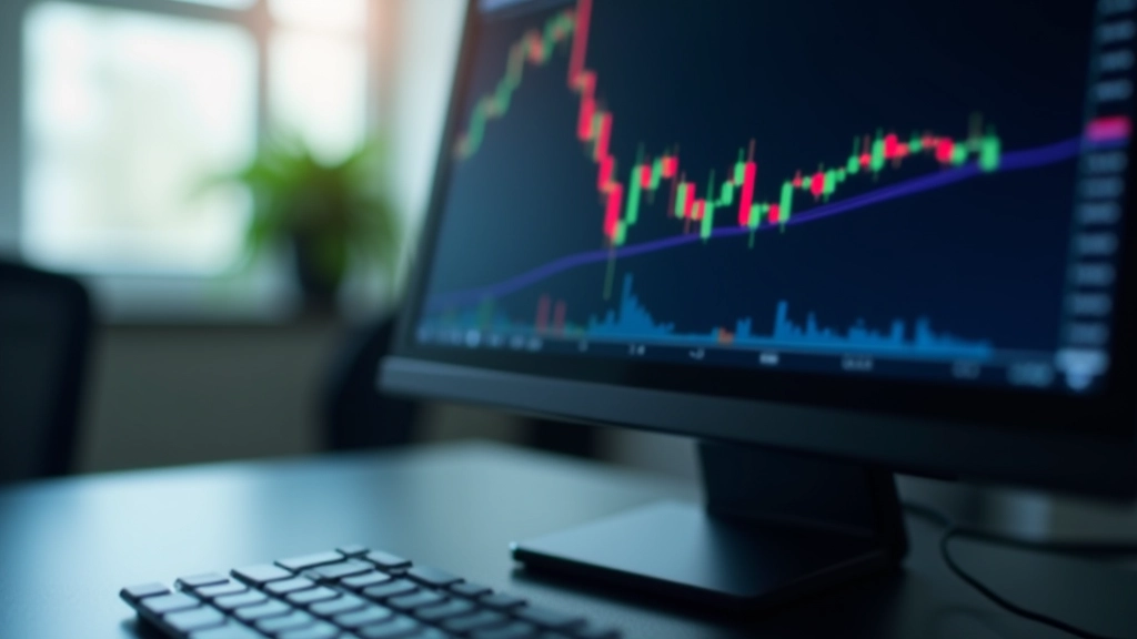 Candlestick chart displayed on a computer screen showing multiple trading patterns with uptrends and downtrends in financial data visualization