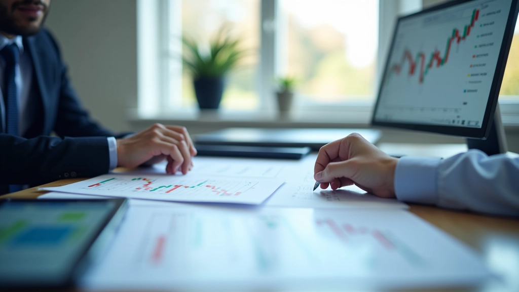 Financial analyst sitting at desk studying support and resistance levels on trading charts displayed on multiple computer monitors