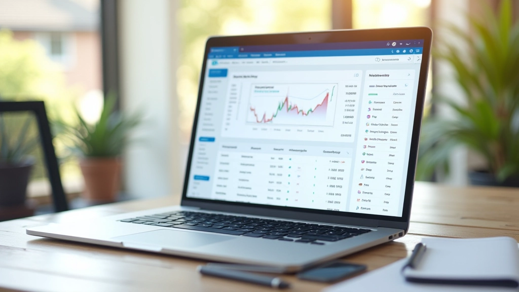 Laptop screen showing trading education course dashboard with organized learning modules and progress tracking