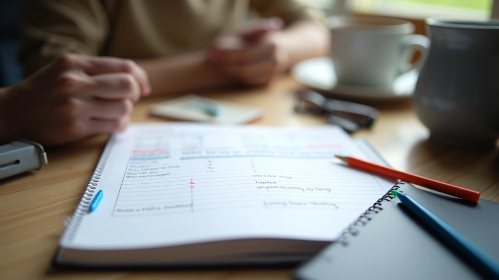 Student's desk with open notebook, pen, and coffee cup next to laptop showing trading education materials and learning resources
