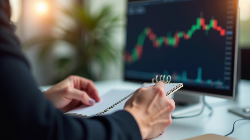 Close-up of trader's hands holding notebook while analyzing stock market chart displayed on computer screen