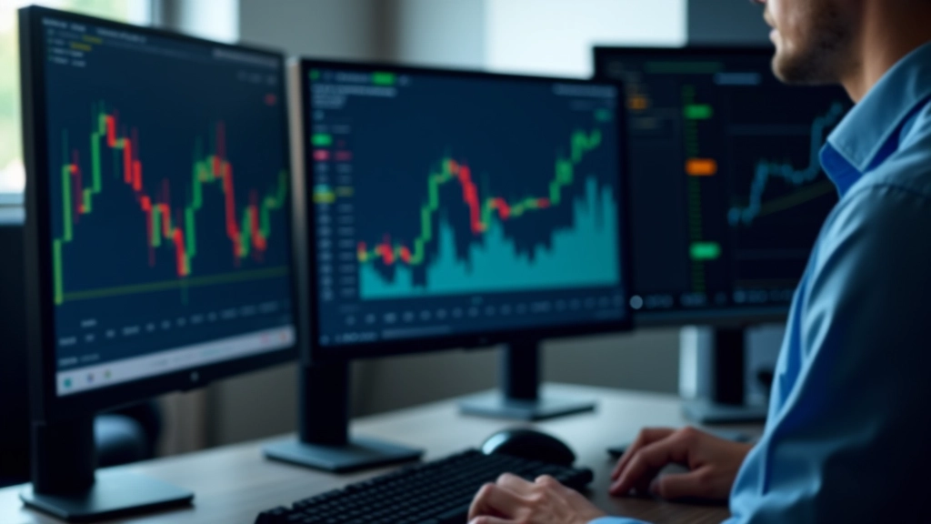 Modern trading desk with multiple monitors showing market charts and financial data analysis