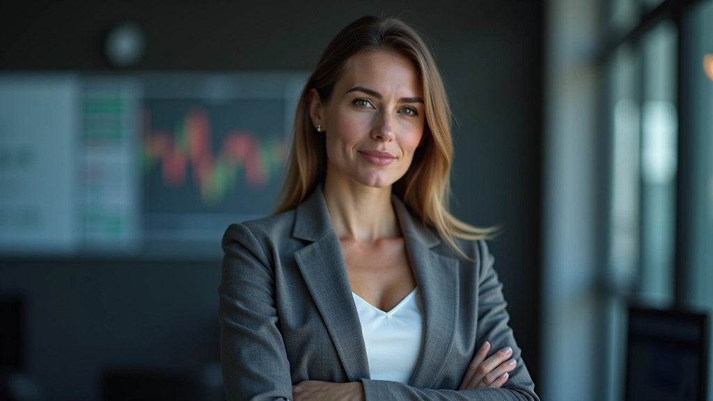 Woman in business attire standing confidently with arms crossed in front of illuminated financial performance charts and graphs on a wall display